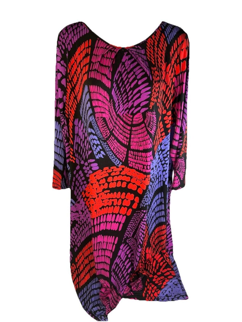 Bob Mackie Dress Large Pink Purple Red Blue Print Slinky Travel Art to Wear Maxi